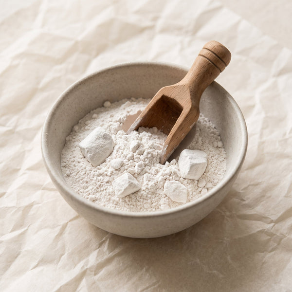 Chalky white powder with a wooden scoop in a ceramic bowl