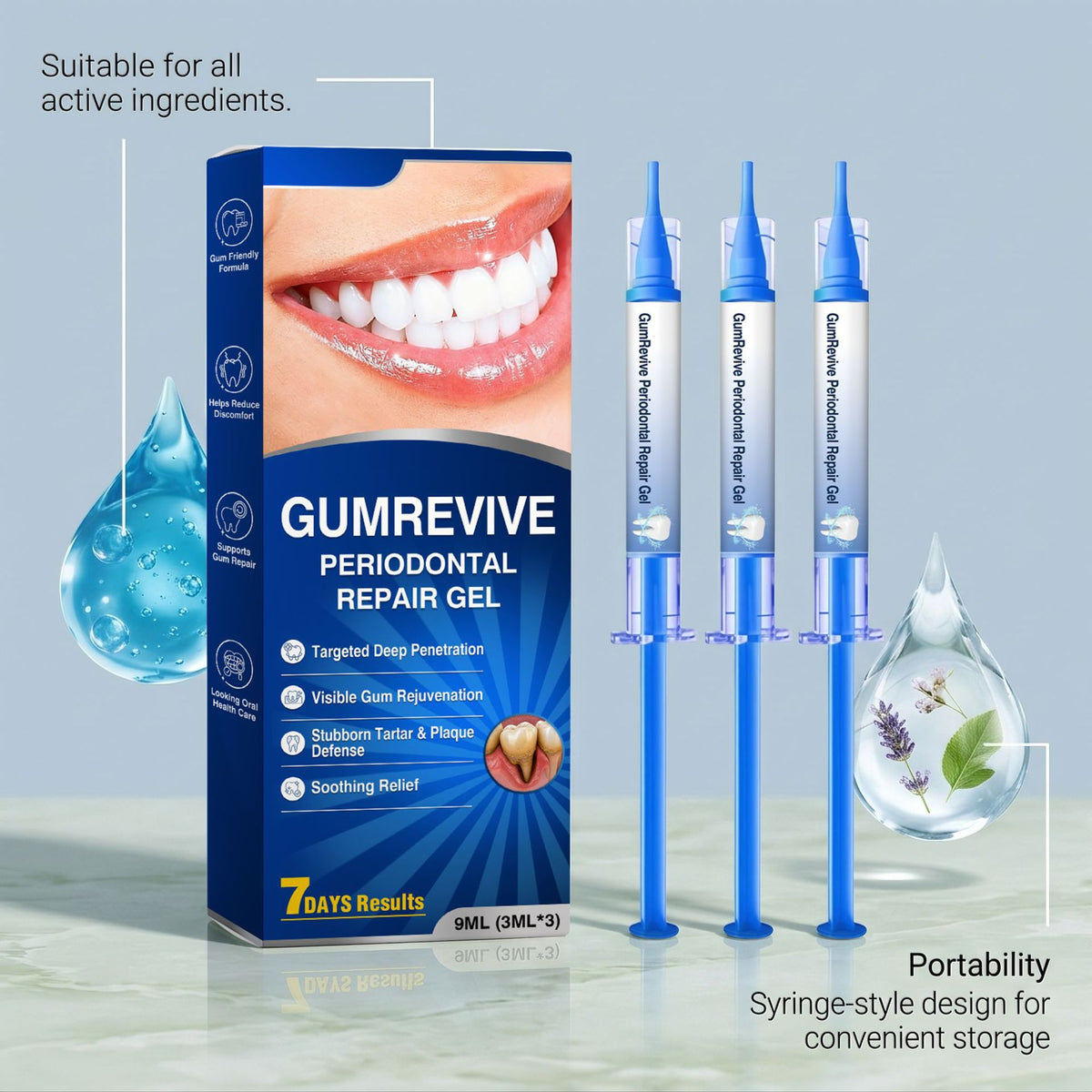 GumRevive box beside three sealed applicators, showing the clear gel