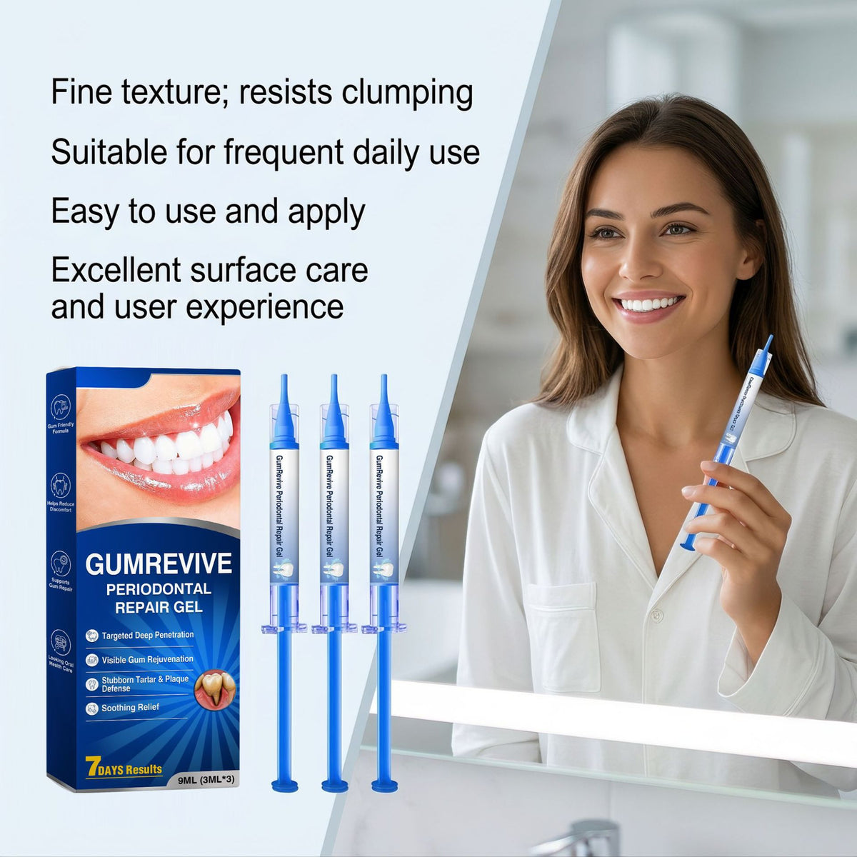 GumRevive box and applicators held in a bathroom setting