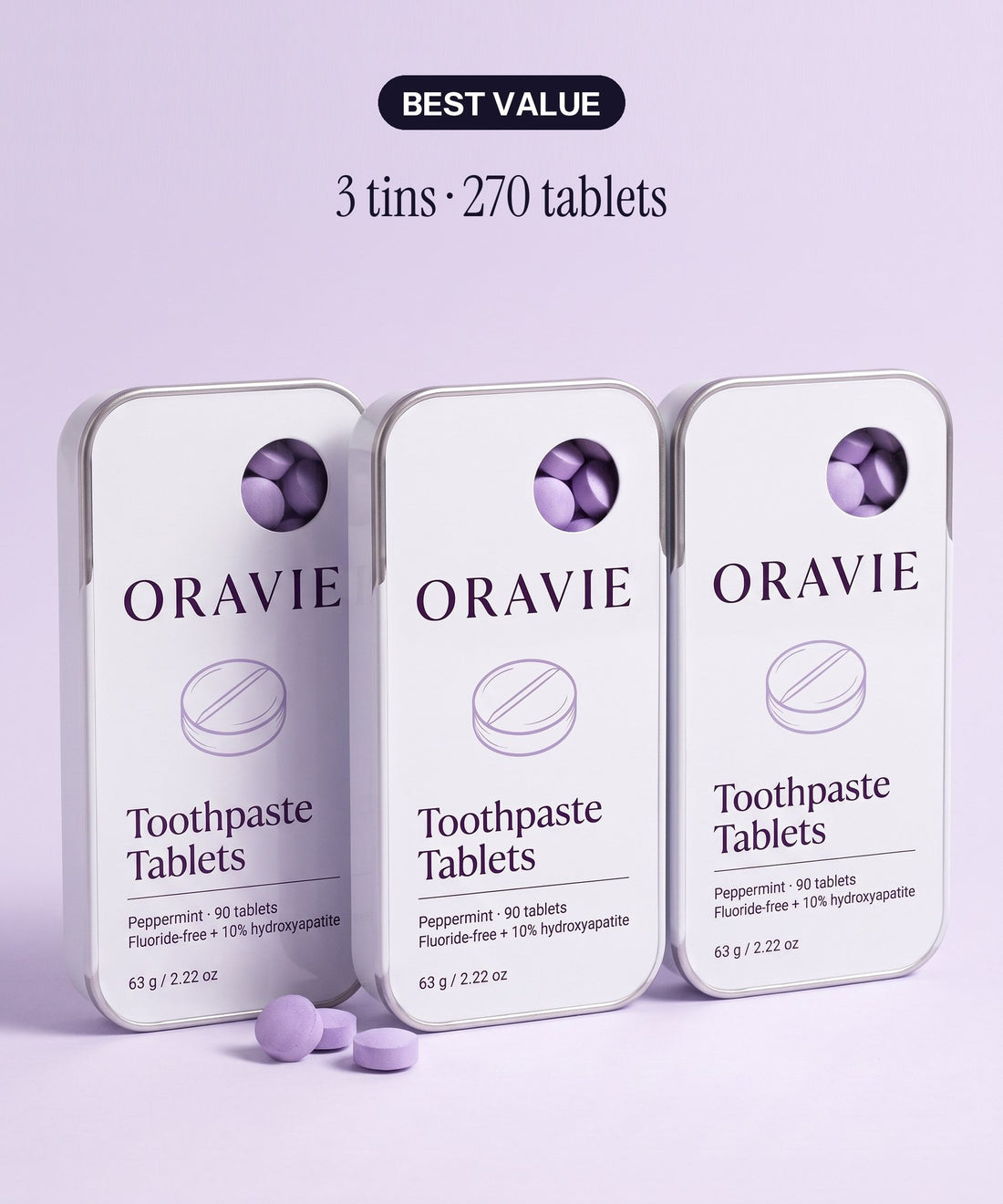 Three ORAVIE Toothpaste Tablets tins, 270 tablets: best value