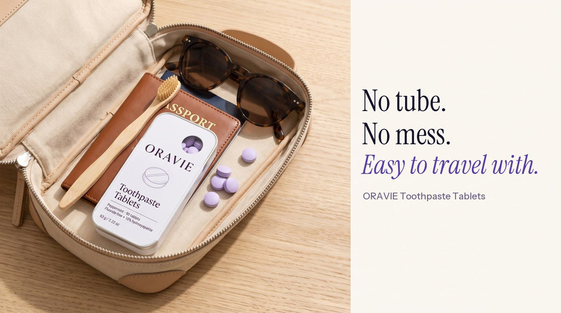 ORAVIE tin packed in a toiletry bag: No tube. No mess. Easy to travel with.