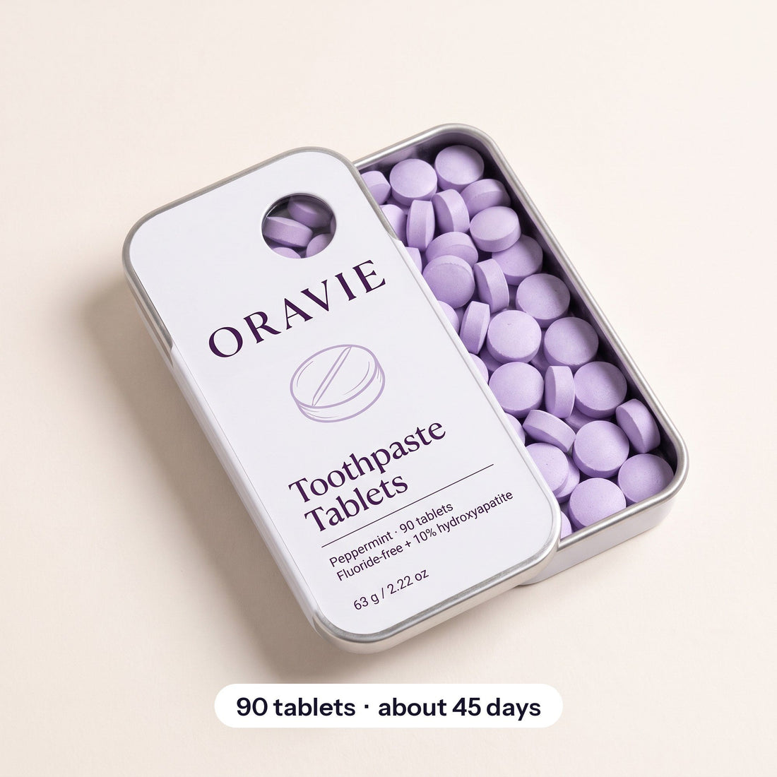 Open ORAVIE tin filled with lavender toothpaste tablets: 90 tablets, about 45 days