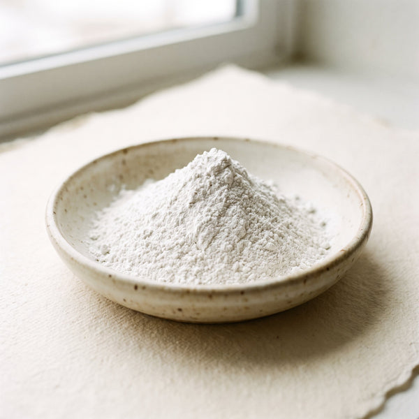 Fine white mineral powder in a ceramic dish