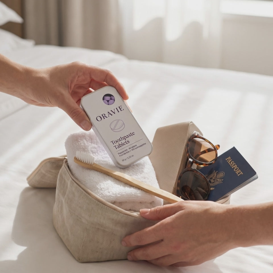 Travel video: the ORAVIE tin is packed into a toiletry bag next to a toothbrush and passport